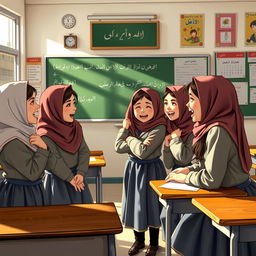 A scene depicting a girl's school in Iran, where several girls are engaged in a playful argument or dispute