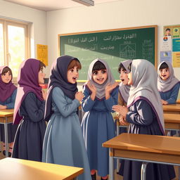 A scene depicting a girl's school in Iran, where several girls are engaged in a playful argument or dispute