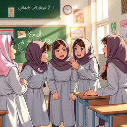 A scene depicting a girl's school in Iran, where several girls are engaged in a playful argument or dispute