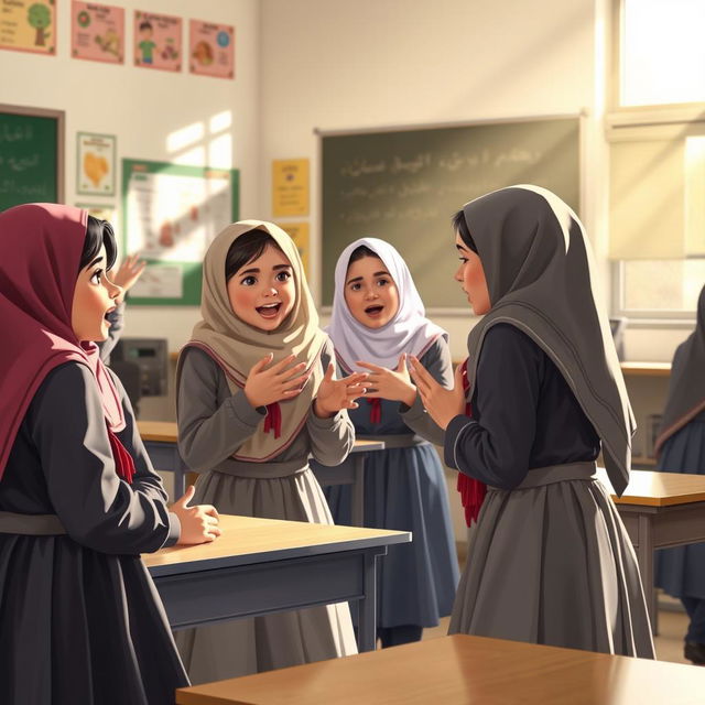 A scene depicting a girl's school in Iran, where several girls are engaged in a playful argument or dispute