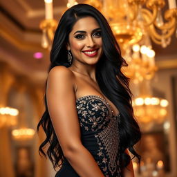 A captivating portrait of a glamorous woman inspired by Sunny Leone, featuring long flowing black hair, radiant skin, and an inviting smile