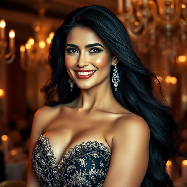 A captivating portrait of a glamorous woman inspired by Sunny Leone, featuring long flowing black hair, radiant skin, and an inviting smile