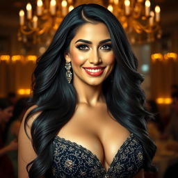 A captivating portrait of a glamorous woman inspired by Sunny Leone, featuring long flowing black hair, radiant skin, and an inviting smile