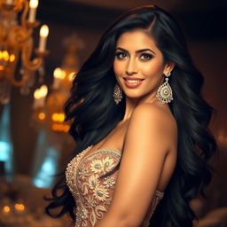 A captivating portrait of a glamorous woman inspired by Sunny Leone, featuring long flowing black hair, radiant skin, and an inviting smile