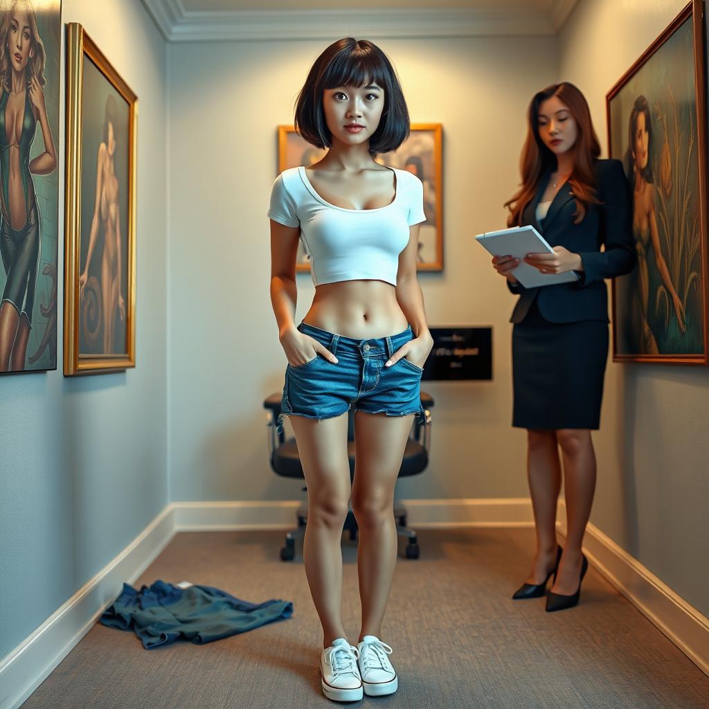 A photorealistic full body image of a slim Asian lady with a bobcut hairstyle and bangs