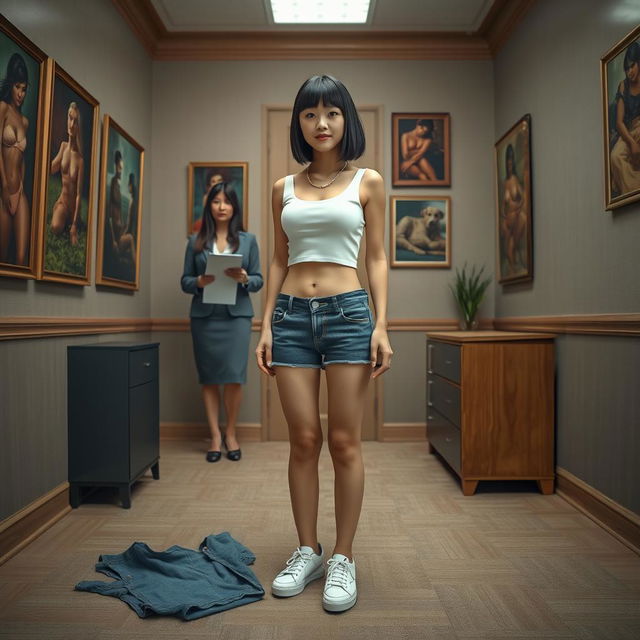 A photorealistic full body image of a slim Asian lady with a bobcut hairstyle and bangs