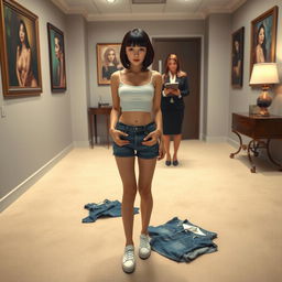 A photorealistic full body image of a slim Asian lady with a bobcut hairstyle and bangs