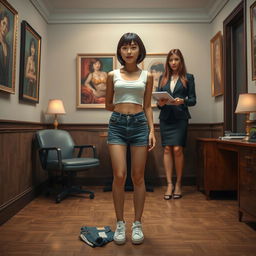 A photorealistic full body image of a slim Asian lady with a bobcut hairstyle and bangs