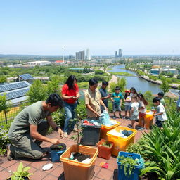 An inspiring scene of environmental protection featuring a diverse group of adults and children actively engaged in eco-friendly activities