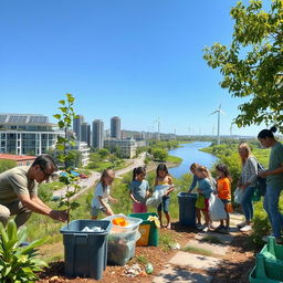 An inspiring scene of environmental protection featuring a diverse group of adults and children actively engaged in eco-friendly activities