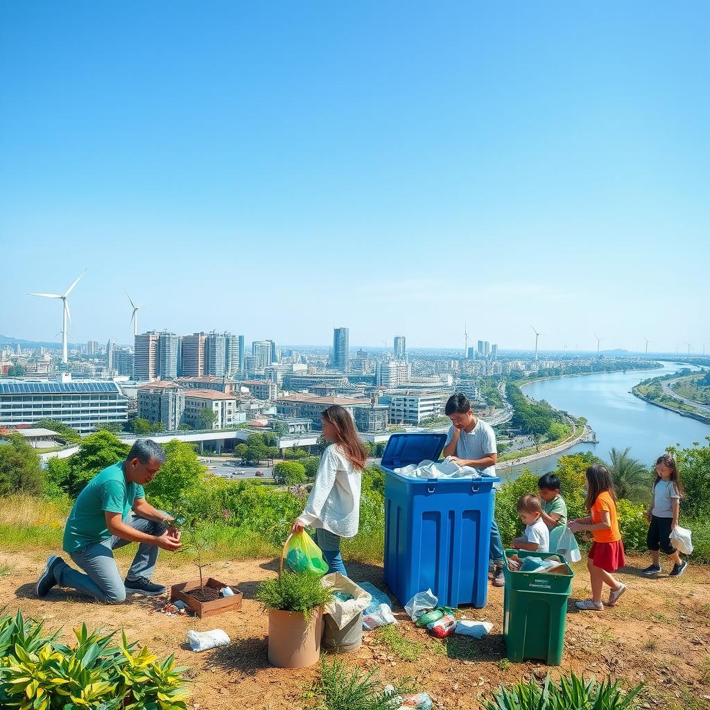 An inspiring scene of environmental protection featuring a diverse group of adults and children actively engaged in eco-friendly activities