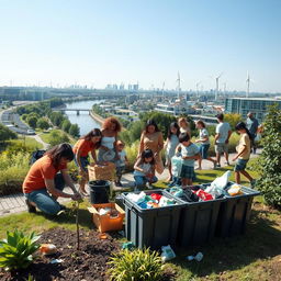 An inspiring scene of environmental protection featuring a diverse group of adults and children actively engaged in eco-friendly activities