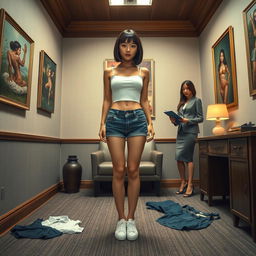 A photorealistic full body image of a slim Asian lady with a bobcut hairstyle and bangs, wearing white sneakers, short blue denim shorts, and a white crop top, standing straight in a small office featuring erotic paintings on the walls