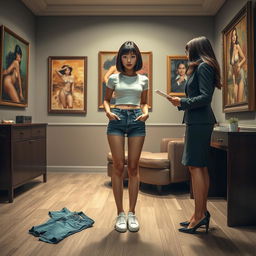 A photorealistic full body image of a slim Asian lady with a bobcut hairstyle and bangs, wearing white sneakers, short blue denim shorts, and a white crop top, standing straight in a small office featuring erotic paintings on the walls