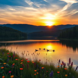 A serene landscape featuring a tranquil lake surrounded by lush evergreen trees and rolling hills