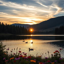 A serene landscape featuring a tranquil lake surrounded by lush evergreen trees and rolling hills