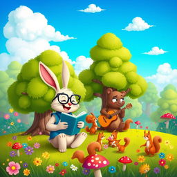 A vibrant and whimsical cartoon scene featuring a happy forest filled with colorful, anthropomorphic animals