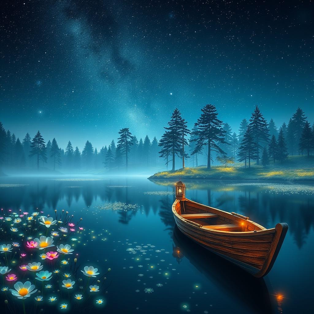 A stunning fantasy landscape featuring a serene lake surrounded by majestic pine trees under a starry night sky