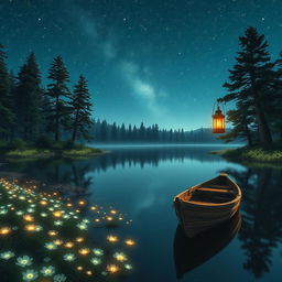 A stunning fantasy landscape featuring a serene lake surrounded by majestic pine trees under a starry night sky