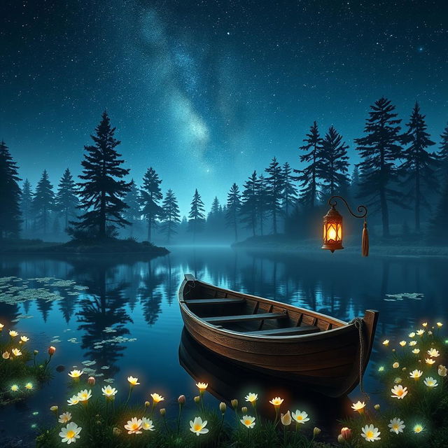 A stunning fantasy landscape featuring a serene lake surrounded by majestic pine trees under a starry night sky