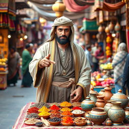 A medieval Arabian trader standing confidently, looking directly at the camera