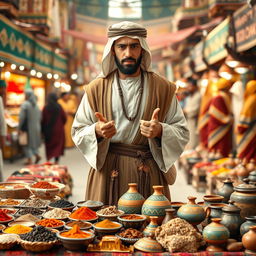 A medieval Arabian trader standing confidently, looking directly at the camera