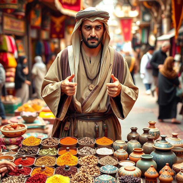 A medieval Arabian trader standing confidently, looking directly at the camera