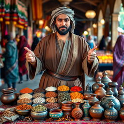 A medieval Arabian trader standing confidently, looking directly at the camera