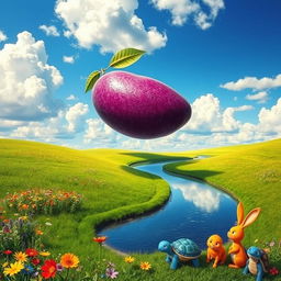 A surreal landscape featuring a giant floating purple mango in a bright blue sky filled with fluffy white clouds