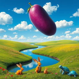 A surreal landscape featuring a giant floating purple mango in a bright blue sky filled with fluffy white clouds