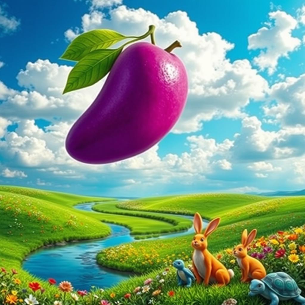 A surreal landscape featuring a giant floating purple mango in a bright blue sky filled with fluffy white clouds