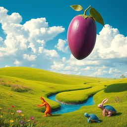 A surreal landscape featuring a giant floating purple mango in a bright blue sky filled with fluffy white clouds