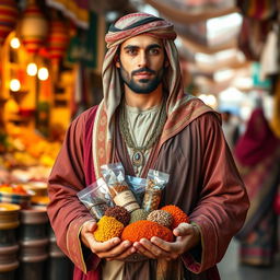A medieval Arabian trader standing proudly, looking directly at the camera