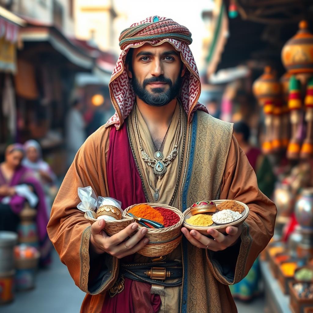 A medieval Arabian trader standing proudly, looking directly at the camera