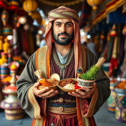 A medieval Arabian trader standing proudly, looking directly at the camera