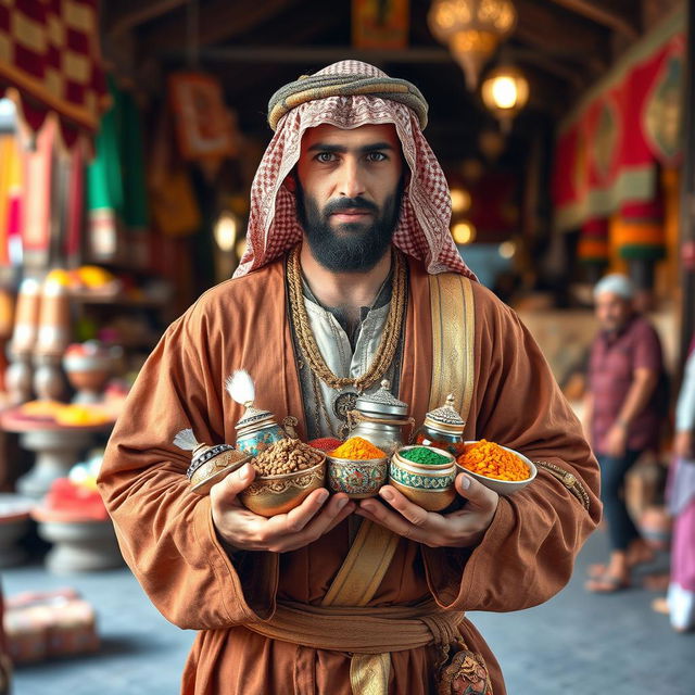 A medieval Arabian trader standing proudly, looking directly at the camera