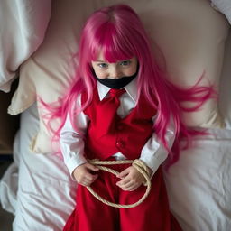 A small girl with long, flowing pink hair, wearing a neat long-sleeved white shirt, a long red skirt, a red tie, and a red vest