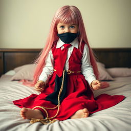 A small girl with long, flowing pink hair, wearing a neat long-sleeved white shirt, a long red skirt, a red tie, and a red vest