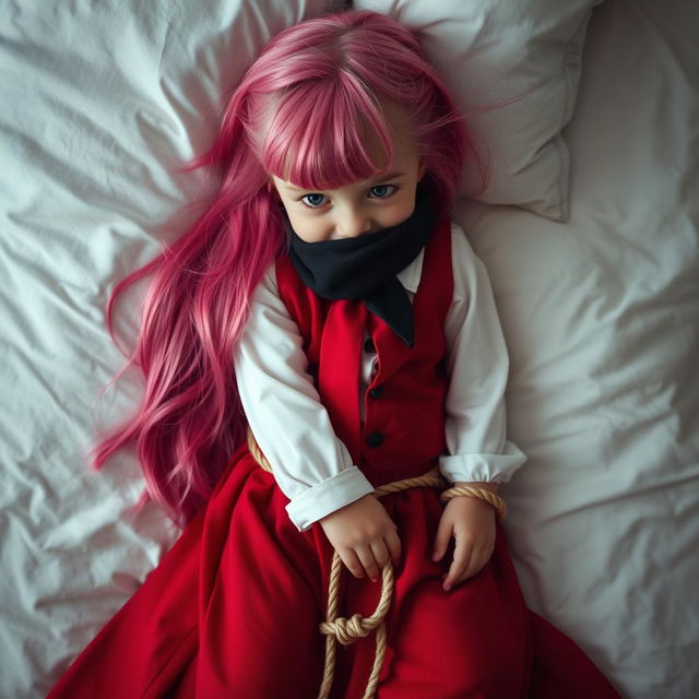 A small girl with long, flowing pink hair, wearing a neat long-sleeved white shirt, a long red skirt, a red tie, and a red vest