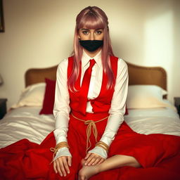 A young woman with long pink hair styled neatly, wearing a long-sleeved white shirt complemented by a vivid long red skirt, tied together with a red tie and a matching red vest