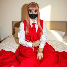 A young woman with long pink hair styled neatly, wearing a long-sleeved white shirt complemented by a vivid long red skirt, tied together with a red tie and a matching red vest