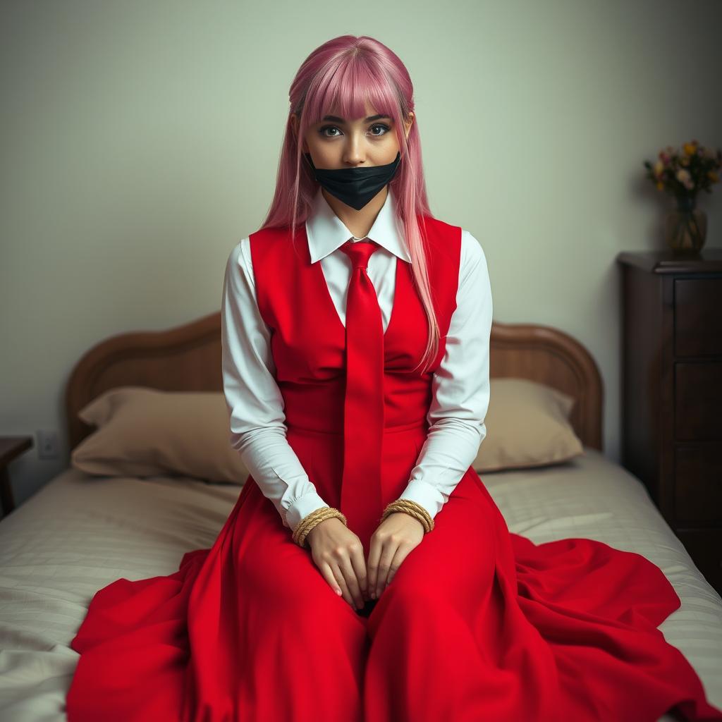 A young woman with long pink hair styled neatly, wearing a long-sleeved white shirt complemented by a vivid long red skirt, tied together with a red tie and a matching red vest