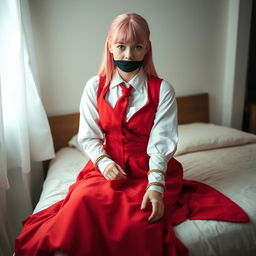 A young woman with long pink hair styled neatly, wearing a long-sleeved white shirt complemented by a vivid long red skirt, tied together with a red tie and a matching red vest