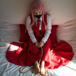 A girl with long pink hair, styled neatly, wearing a long-sleeved white shirt paired with a flowing long red skirt