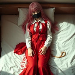 A girl with long pink hair, styled neatly, wearing a long-sleeved white shirt paired with a flowing long red skirt