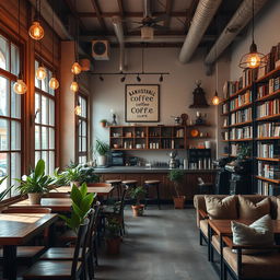 A cozy and inviting cafe interior design, featuring rustic wooden furniture, warm lighting with hanging bulbs, potted plants scattered around, large windows letting in natural sunlight, an elegant coffee bar displaying artisanal coffee blends, wall art with coffee quotes, and comfortable seating areas with plush cushions