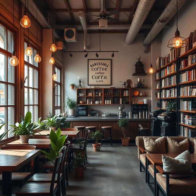 A cozy and inviting cafe interior design, featuring rustic wooden furniture, warm lighting with hanging bulbs, potted plants scattered around, large windows letting in natural sunlight, an elegant coffee bar displaying artisanal coffee blends, wall art with coffee quotes, and comfortable seating areas with plush cushions