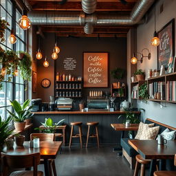 A cozy and inviting cafe interior design, featuring rustic wooden furniture, warm lighting with hanging bulbs, potted plants scattered around, large windows letting in natural sunlight, an elegant coffee bar displaying artisanal coffee blends, wall art with coffee quotes, and comfortable seating areas with plush cushions