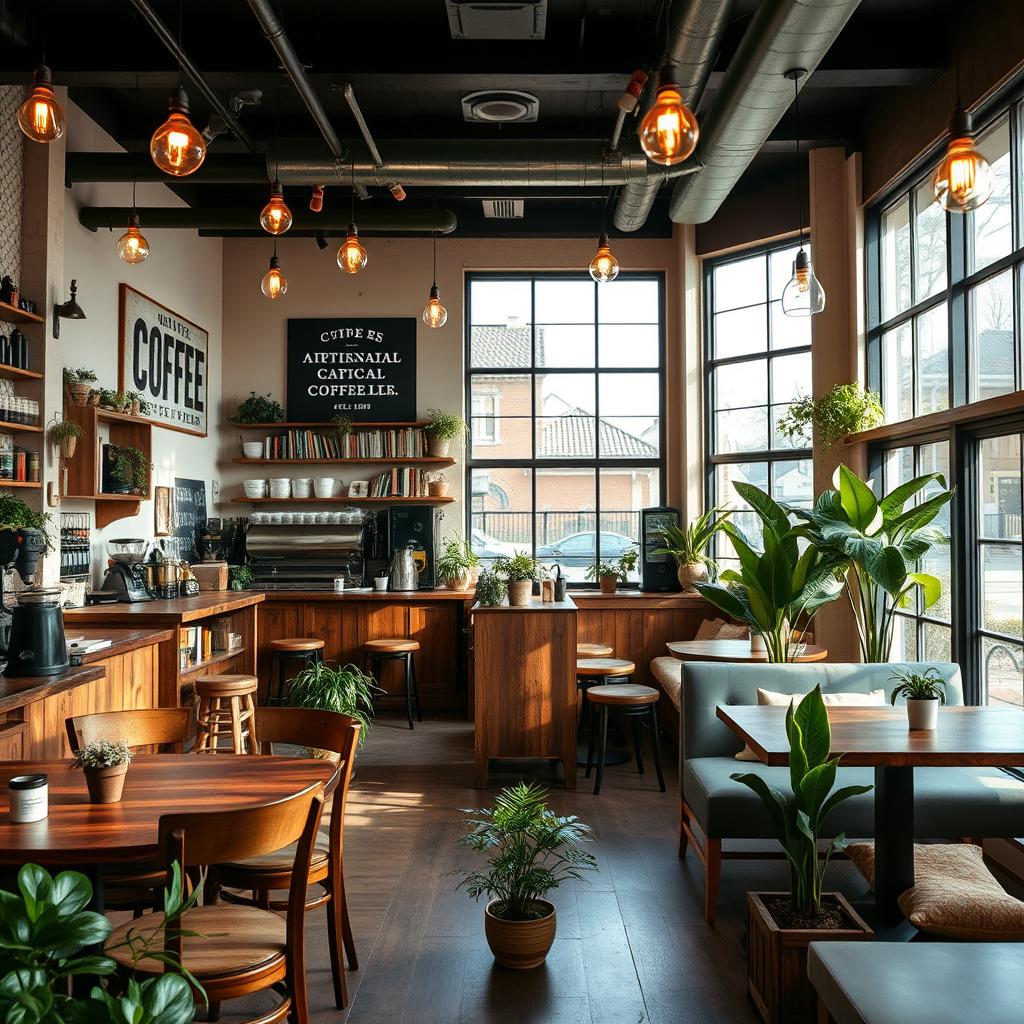 A cozy and inviting cafe interior design, featuring rustic wooden furniture, warm lighting with hanging bulbs, potted plants scattered around, large windows letting in natural sunlight, an elegant coffee bar displaying artisanal coffee blends, wall art with coffee quotes, and comfortable seating areas with plush cushions