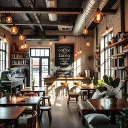 A cozy and inviting cafe interior design, featuring rustic wooden furniture, warm lighting with hanging bulbs, potted plants scattered around, large windows letting in natural sunlight, an elegant coffee bar displaying artisanal coffee blends, wall art with coffee quotes, and comfortable seating areas with plush cushions